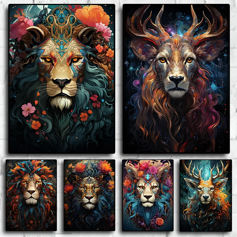 

1Pcs Decoration Pictures Room Wall Art Canvas Painting Lion Elk Tiger Decorative Painting for Bedroom Interior Paintings Flowers