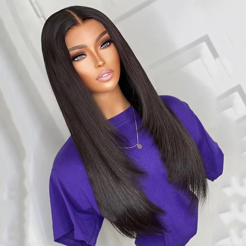 

Long Soft 26Inch 180% Density Glueless Preplucked Black layered hair Silky Straight 13*4 Lace Front Wig With Baby Hair Fiber