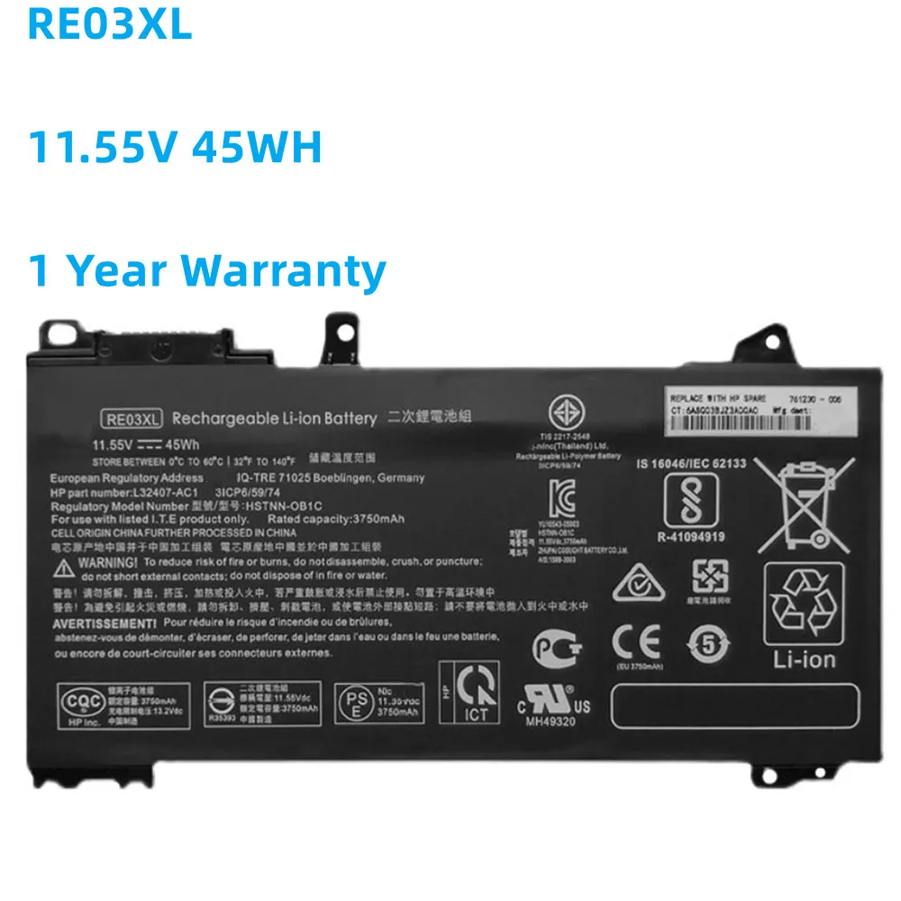 

RE03XL 11.55V 45WH Battery For HP ProBook 430 440 445 450 455 G6 Series HSTNN-DB9N HSTNN-UB7R L32407-2B1 L32407-2C1 RF03XL