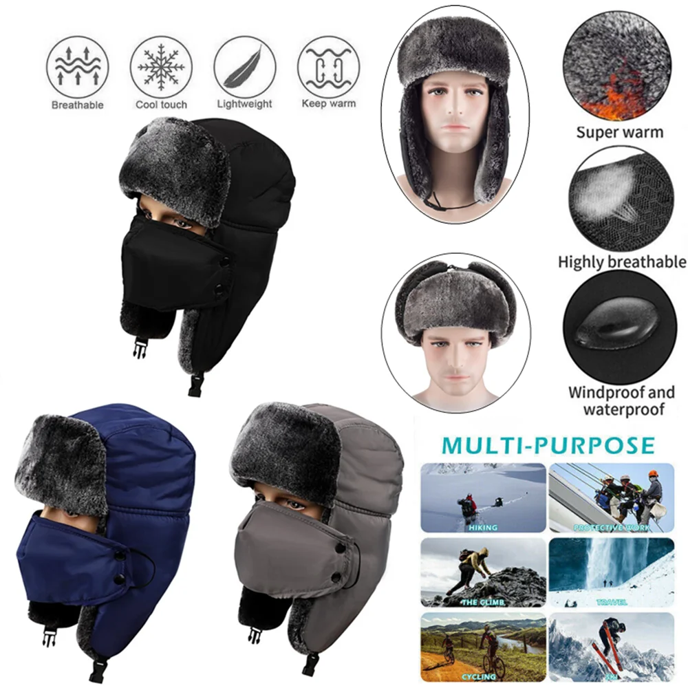 

Winter Warm Thicken Bomber Hats Women Men Ear Protection Fur Cap Trapper Russian Hat Outdoor Ski Windproof Earflap Lei Feng Caps