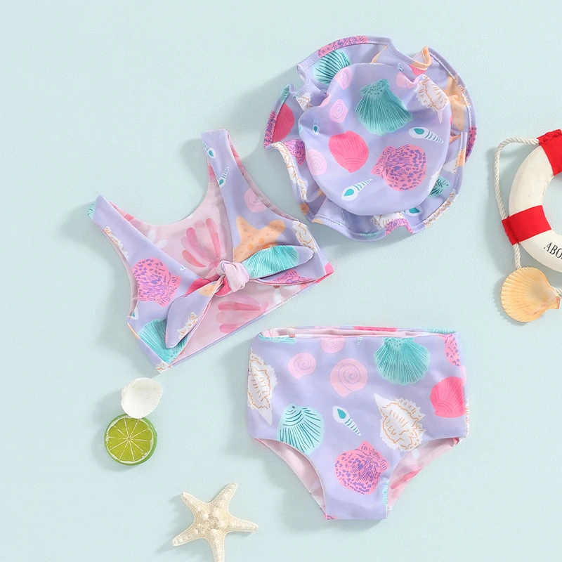 

2024 Fashion Toddler Kids Baby Girls Bikinis Sets Shell Print Sleeveless Shell Print Bowknot Tops Shorts Swimsuits Swimwear