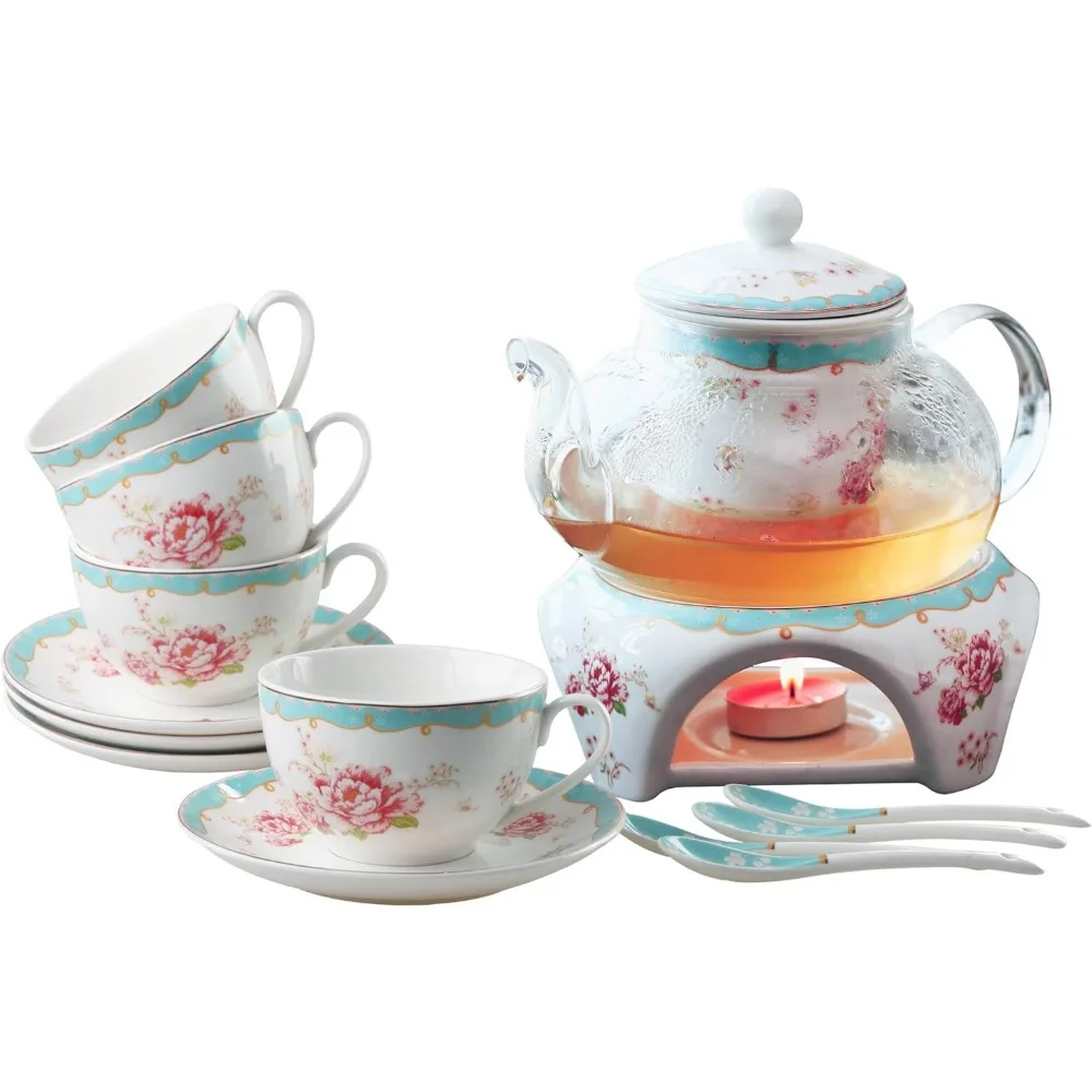 

Tea Set Teacup Saucer and Spoon Set With Teapot Warmer and Filter Coffeeware Teaware Rose Glass Jug Coffee Mug Tools Kitchen Bar
