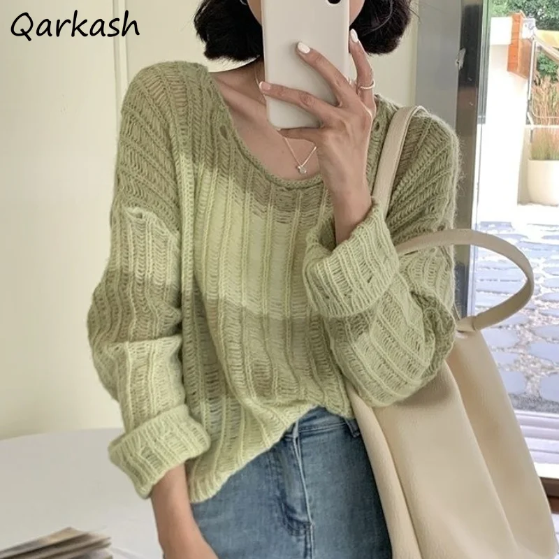

Knitted Pullovers Women Loose Lazy Striped French Style Tender Spring Cozy Hollow Out Fashion Ins Temperament Sweet Casual Chic