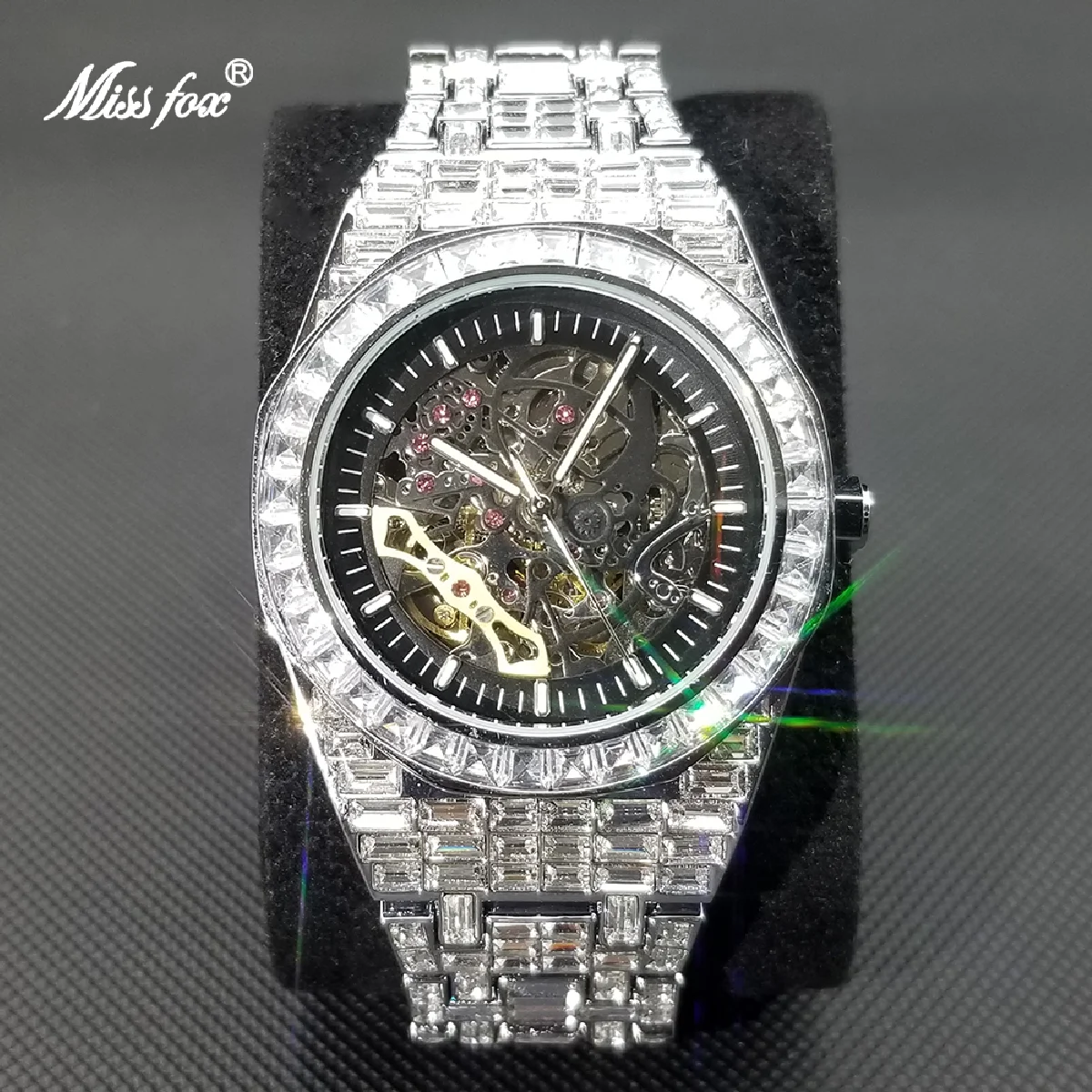 

New Ice Out Automatic Watch For Men Tourbillon Mechanical Wristwatch Luxury Fully Moissanite Hollow Dial Male Watches Gift 2023