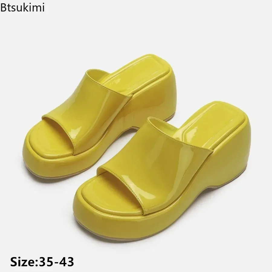 

2024 Women's Platform Wedges Heeled Sandals Casual Beach Shoes For Women Faux Patent Summer Slip On Slides Lady Slippers 35-43