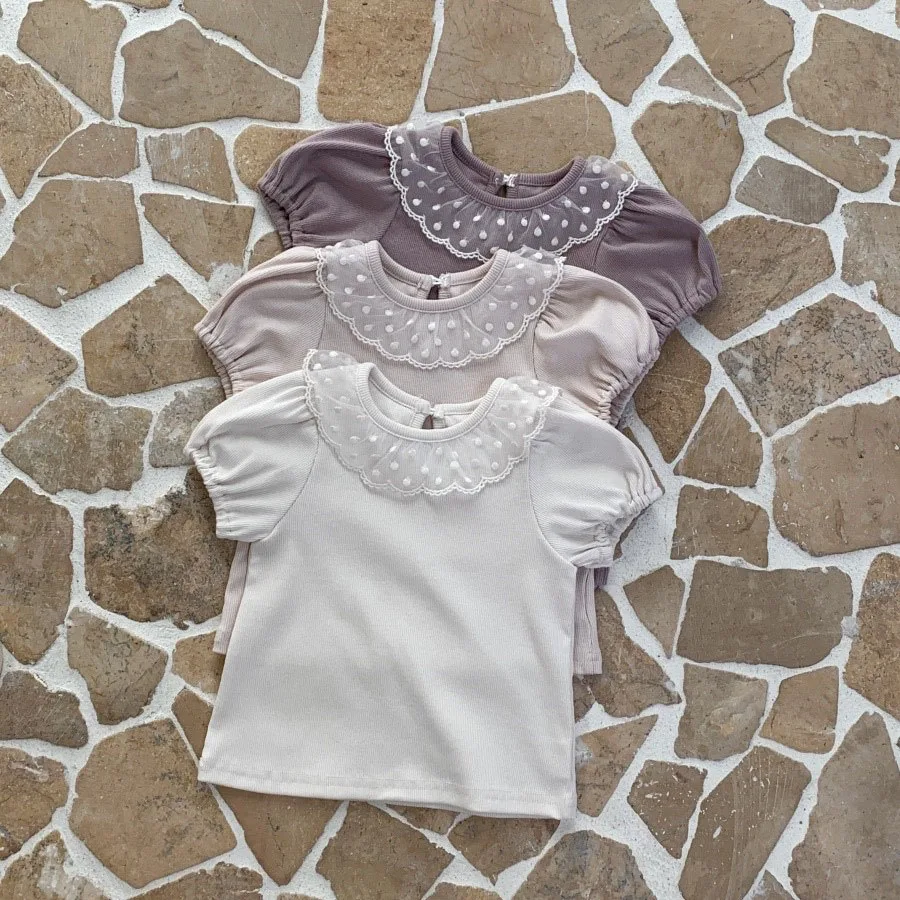 

2024 Summer Baby Short Sleeve T-Shirt Infant Girl Lace Collar Splicing Cotton Tees Toddler Puff Sleeve Pullover Top Kids Clothes