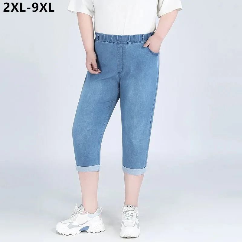 

140KG 9XL Denim Shorts Women Summer Plus Size 8XL 7XL 6XL Cropped Stretched High Waisted Oversized Capri Female Half Trousers