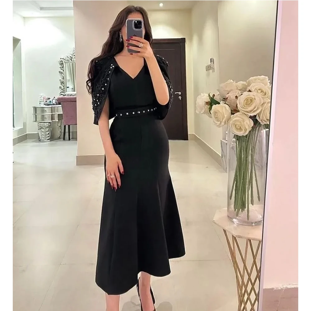 

Black Tea Length Sash Beaded Prom Dresses V Neck Cocktail Party Gowns 2024 Formal Occasion Wedding Evening Guest Dress