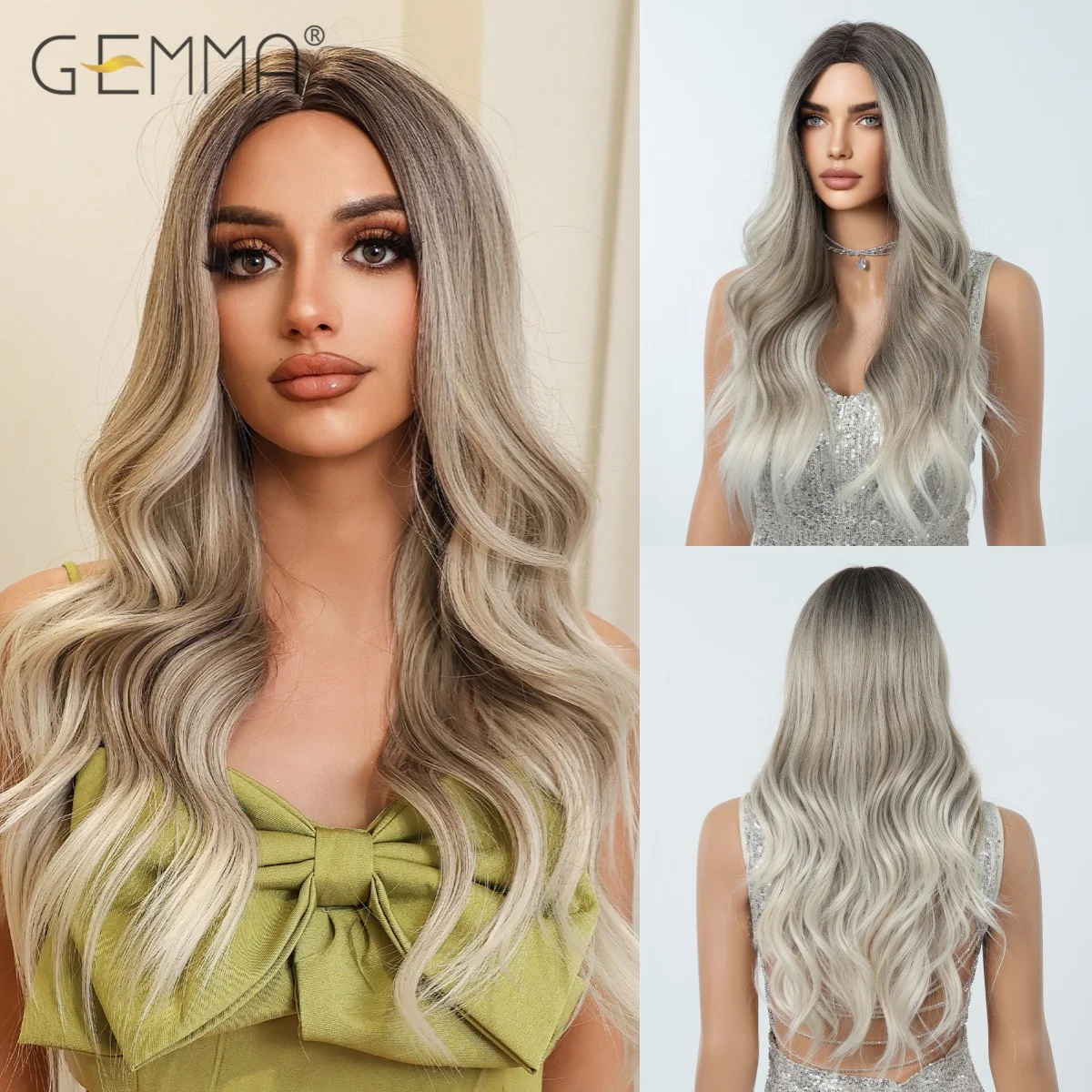 

Long Wavy Ombre Gray Ash Brown Blonde Synthetic Wigs Middle Part Natural Wave Cosplay Hair Wig for Women Heat Resistant Fibre