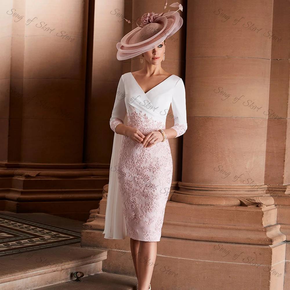 White/Pink Contrast Color Sheath Mother of the Bride Dress Lace Appliques Tea-Length Three Quarter Sleeve Mom Wedding Party Gown
White/Pink Contrast Color Sheath Mother of the Bride Dress Lace Appliques Tea-Length Three Quarter Sleeve Mom Wedding Party Gown