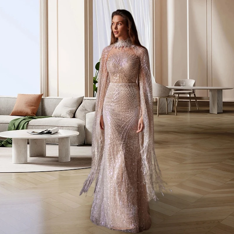

Gorgeous Floor-Length Evening Dresses Luxury Mermaid Bridal Gown Detachable Long Sleeved Cape Strapless Sheer O-Neck Custom-Made