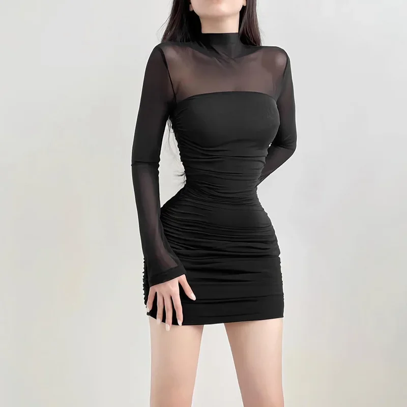

Spring New Sexy Spicy Girl Short Skirt Temperament High Neck Half Perspective Spliced Long Sleeve Wrapped Hip Dress CSM71