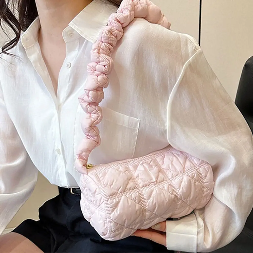 

New Fashion Quilted Plaid Shoulder Bag for Women Girls Underarm Bag Shopper Bag Pleated Cloud Down Cotton Padded Cylinder Bags