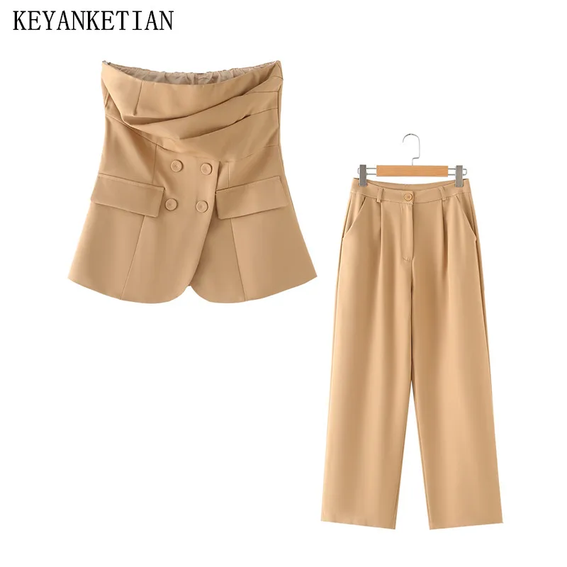 

KEYANKETIAN 2024 New Launch Women Pleats Double-Breasted Corset Vest Zipper High-Waisted Wide-Leg Pants Fashion Two Pieces Sets