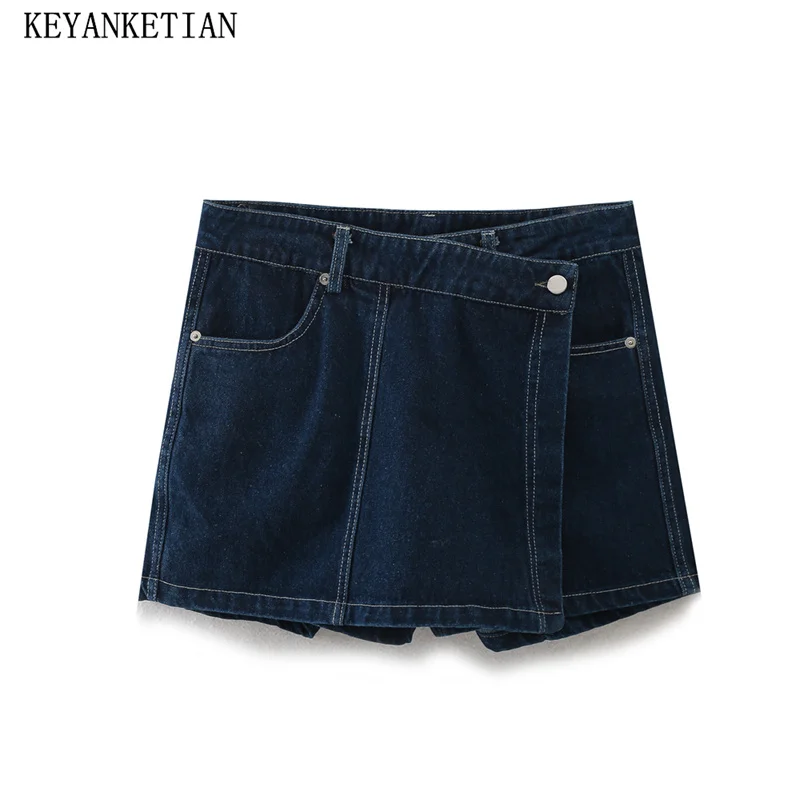 

KEYANKETIAN 2024 New Launch Women Dark Blue Denim Shorts Street style Asymmetrical Zipper High-waisted Straight Hot Pants Jeans