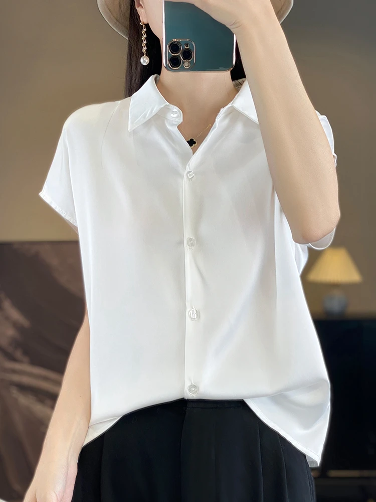 

Oversize New Arrival Blouses With Short Sleeves Silky Satin Surface Women's Casual Shirts Top Solid Lady Clothing Fashion Trends