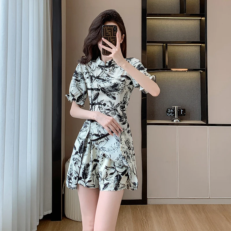 

New Chinese Style Dress with Ink Print Retro Temperament High Quality Improved Cheongsam Dress and Shorts 2pcs Set