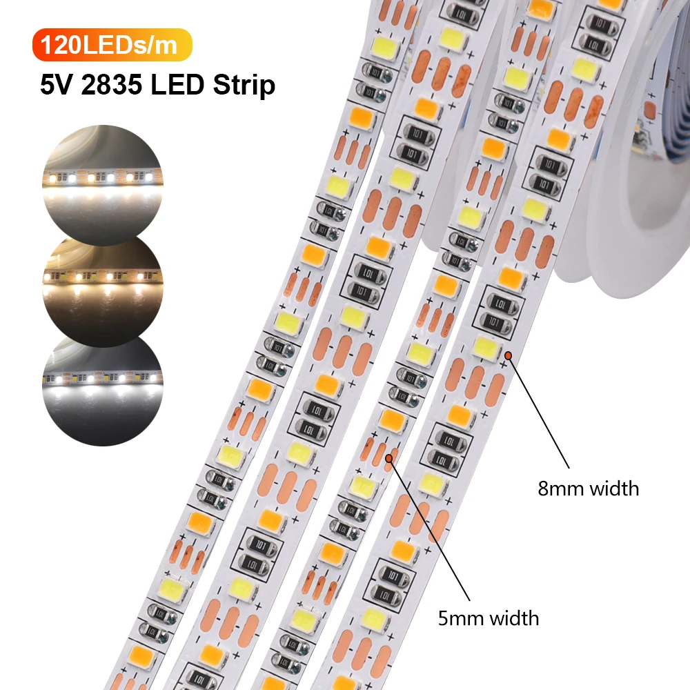 

DC5V 5M CCT LED Strip Lights SMD2835 120LEDs/m Flexible Ribbon Tape Rope Lamp 5mm/8mm PCB Width Dimmable LED Lights Room Decor