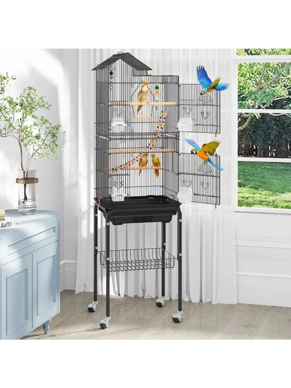 

62 inch Metal Bird Cage, Large Parakeet Cages for Parrot, Cockatiel, Lovebird, Pigeon with Roof Top, Rolling Stand and Hanging