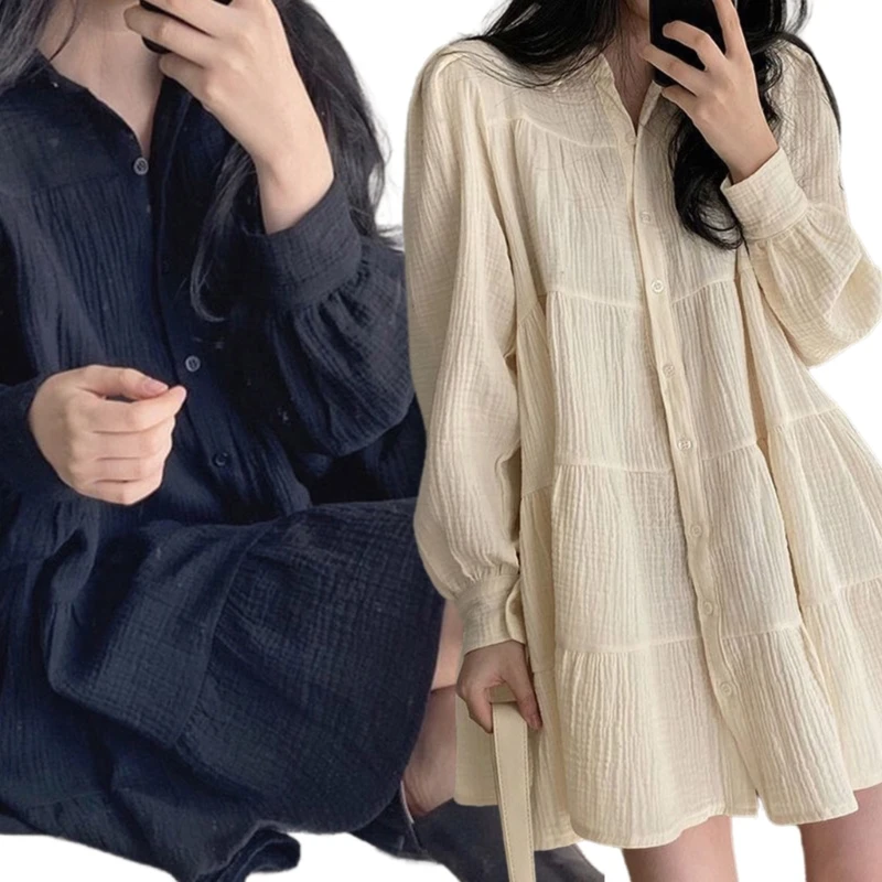 

A0NF Women Puff Long Sleeve Button Up A Line Shirt Dress Solid Ruched Textured Tiered Ruffle Swing Babydoll Mini Dresses