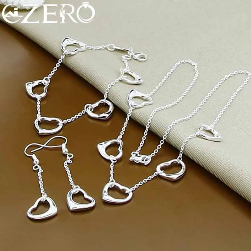 

ALIZERO 925 Sterling Silver Five Heart Chain Necklace Bracelet Earrings Set for Women Engagement Party Jewelry Wedding Gifts