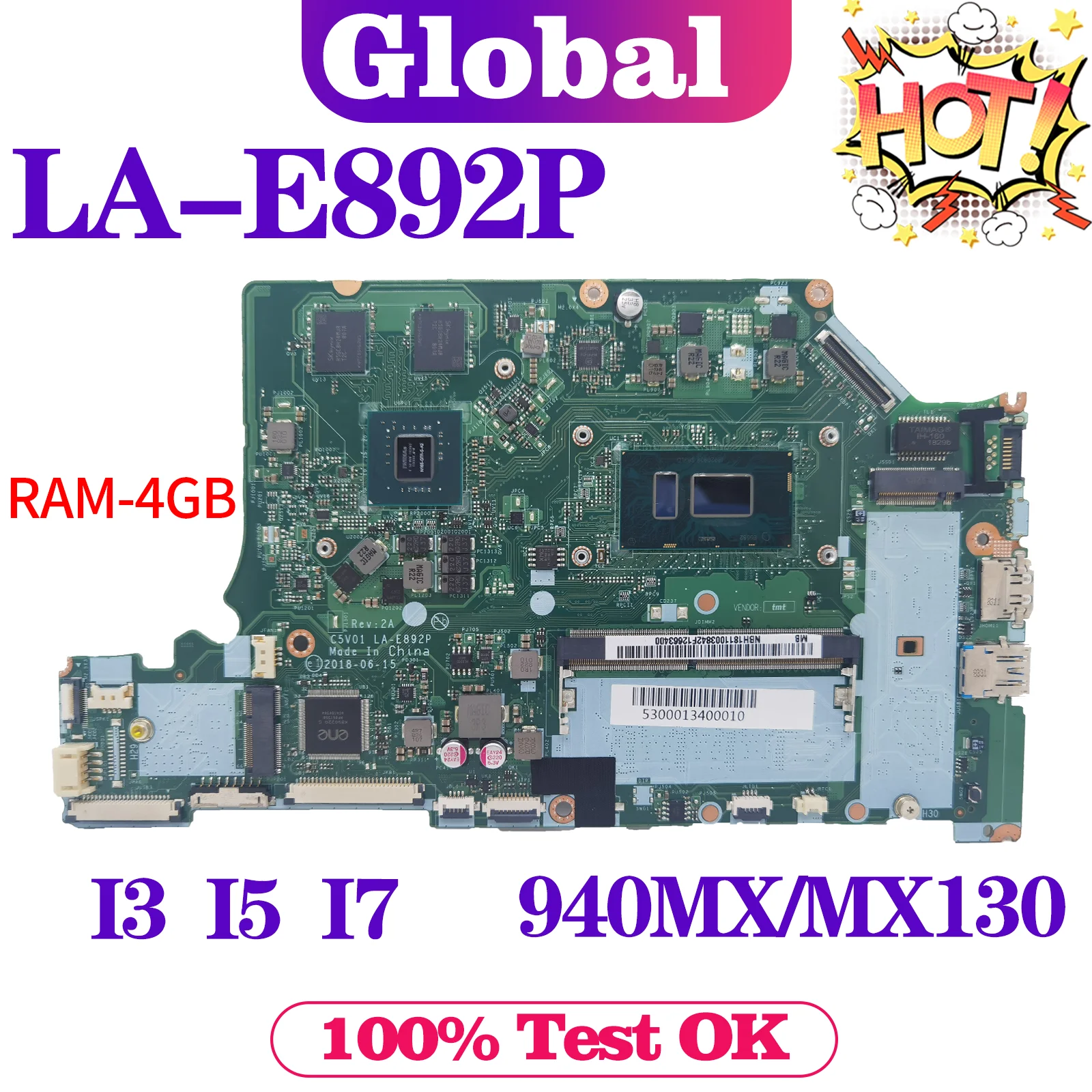 

Mainboard For ACER Aspire A515-51G A615-51G A315-51G Laptop Motherboard LA-E892P Maintherboard i3 i5 i7 RAM-4GB 940MX/MX130