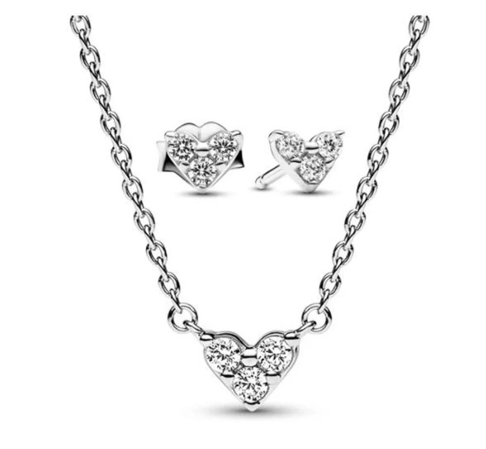 

Europe 925 Sterling Silver Triple Stone Heart Collier Necklace & Earring Jewelry Set for Women's Anniversary Gift