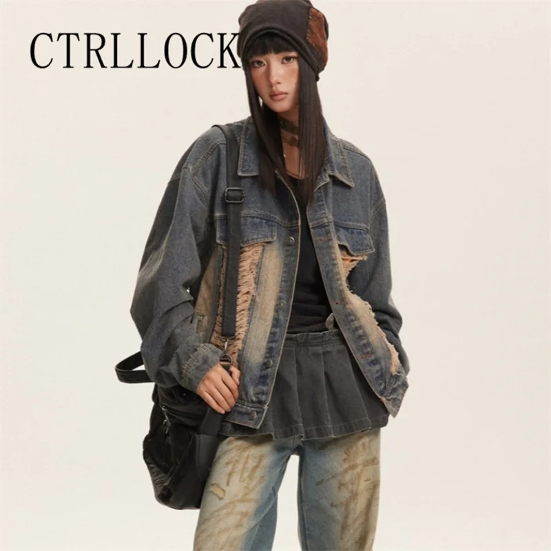 Ретро Уличная одежда CTRLLOCK, женская Свободная джинсовая куртка с потертостями и необработанными краями и кисточками
Ретро Уличная одежда CTRLLOCK, женская Свободная джинсовая куртка с потертостями и необработанными краями и кисточками