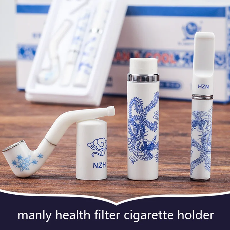 

Blue and White Porcelain Plastic Cigarette Holder Small Pipe Set Thickness Dual-purpose Men's Cigarette Holder Can Be Cleaned