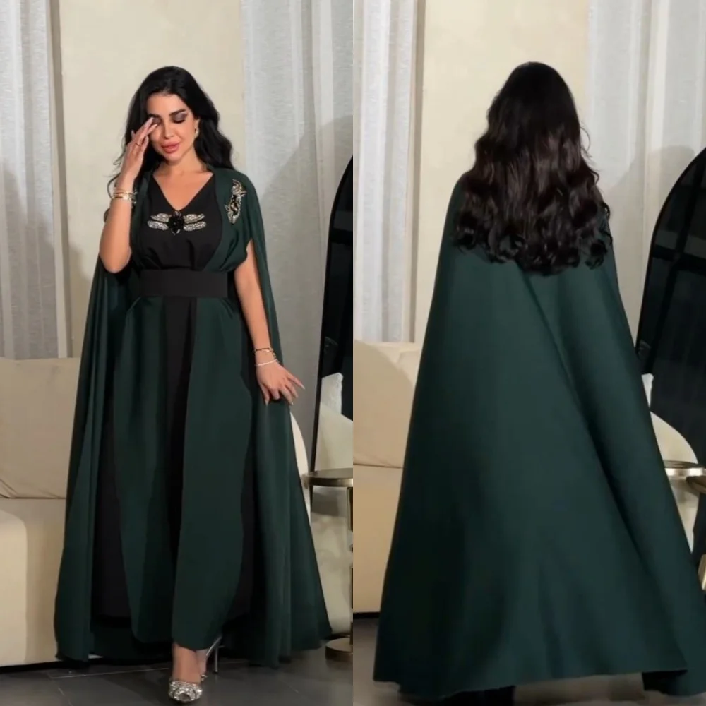 

Ball Dress Evening Saudi Arabia Jersey Sash Sequined Beading Ruched Clubbing A-line V-neck Bespoke Occasion Gown Midi Dresses