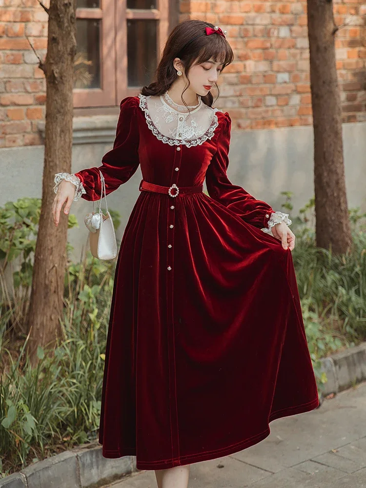 

French Style Vintage Red Velvet Dress For Slim Lady Retro Lace Petal Sleeve Romantic Woman Midi Dresses Vestido Robe Rouge Femme