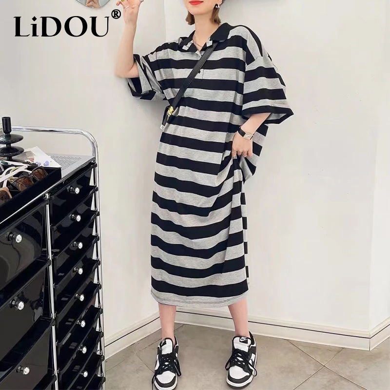 Summer Oversize Striped Loose Tshirt Dress Women POLO Collar Button Short Sleeve Casual Vintage Dress Korean Style Youth Robe
Summer Oversize Striped Loose Tshirt Dress Women POLO Collar Button Short Sleeve Casual Vintage Dress Korean Style Youth Robe
