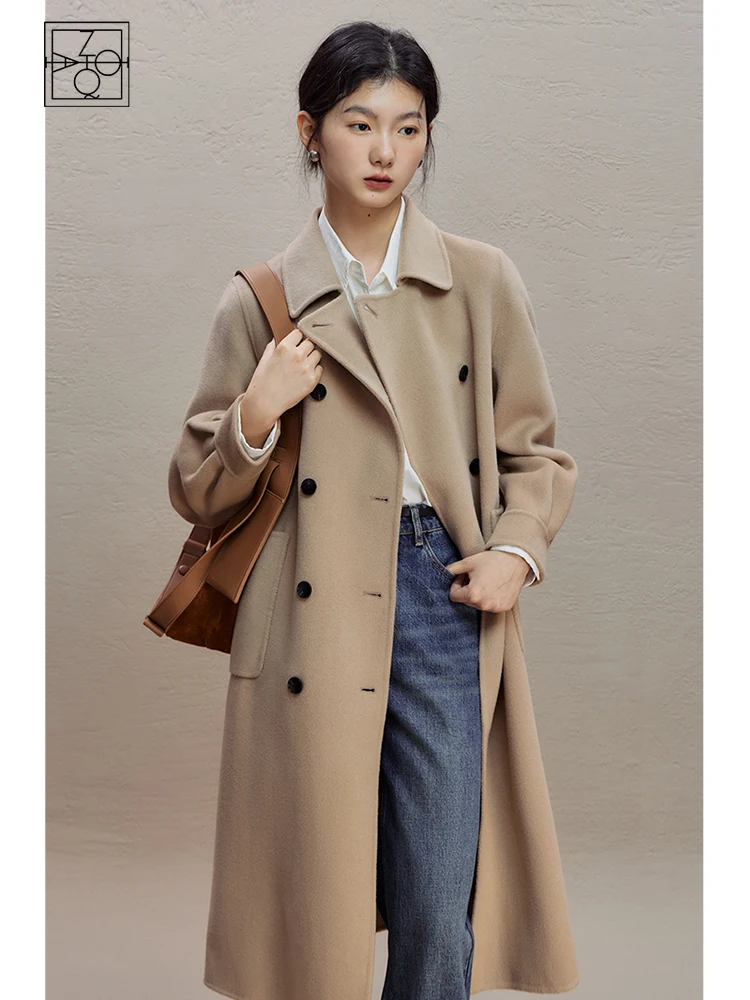 

ZIQIAO Classic Style Double-sided Cashmere Wool Coat for Women 2023 Winter New Double-breasted High-end Mid-length Woolen Coats