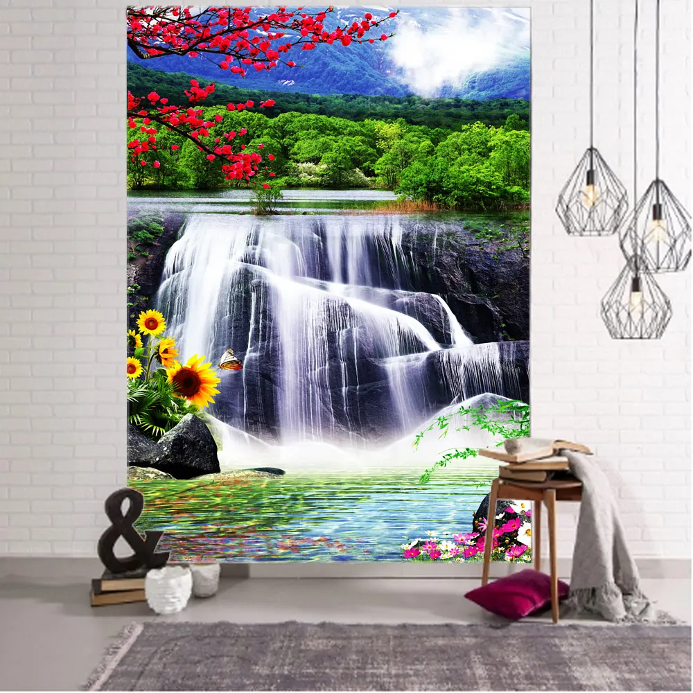 

Beautiful forest waterfall tapestry natural landscape, wall mounted, background cloth, home living room bedroom wall decoration