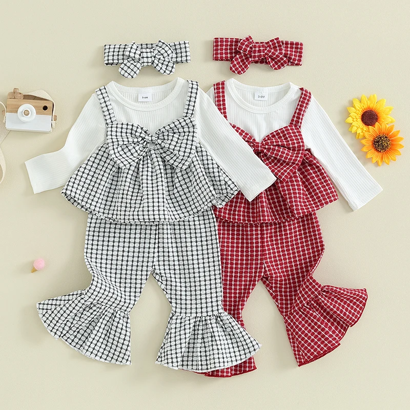 

2023-09-13 Lioraitiin 0-3Y Toddler Girl Christmas Outfits Long Sleeve Pullover Patchwork Shirts Plaid Flare Pants Baby Clothes