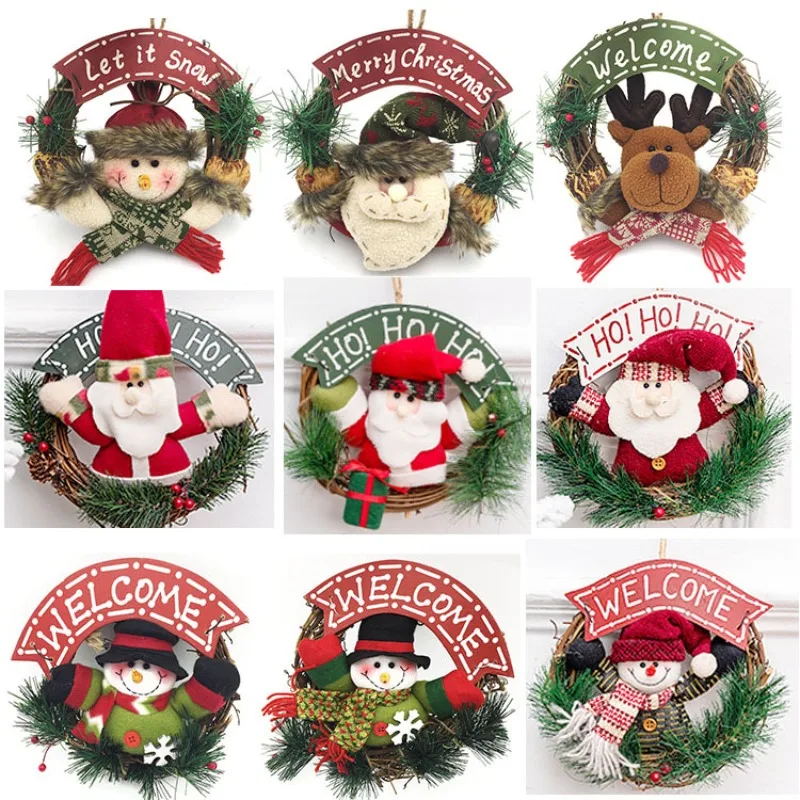 

Small Wooden Merry Christmas Santa Claus Tree Vine Wreath Snowman Elk Doll Flower Wreath Door Hanging Home Outdoor Decoration