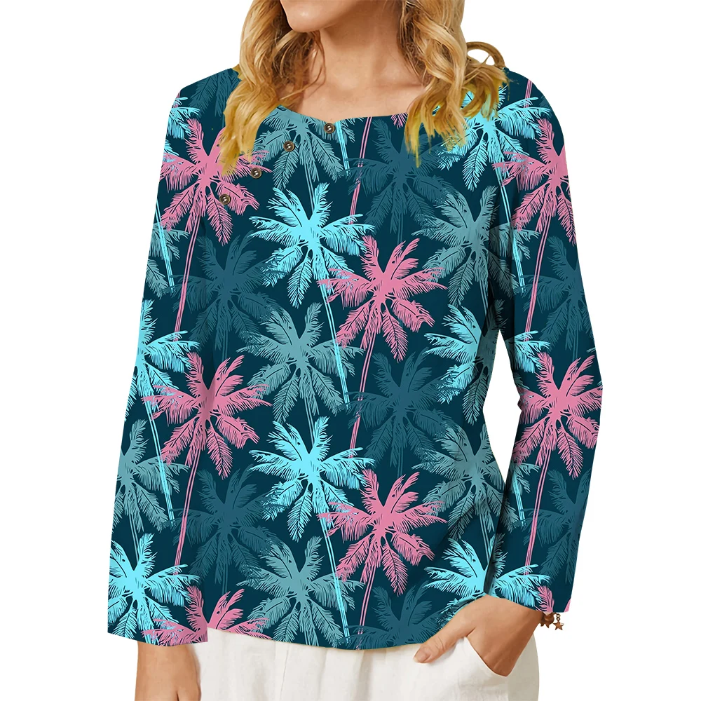 

CLOOCL Women T-shirt Colorful Coconut Tree Graphics 3D Printed Tee Button Decorate Crew Neck Long Sleeve Casual Tops Hawii Shirt