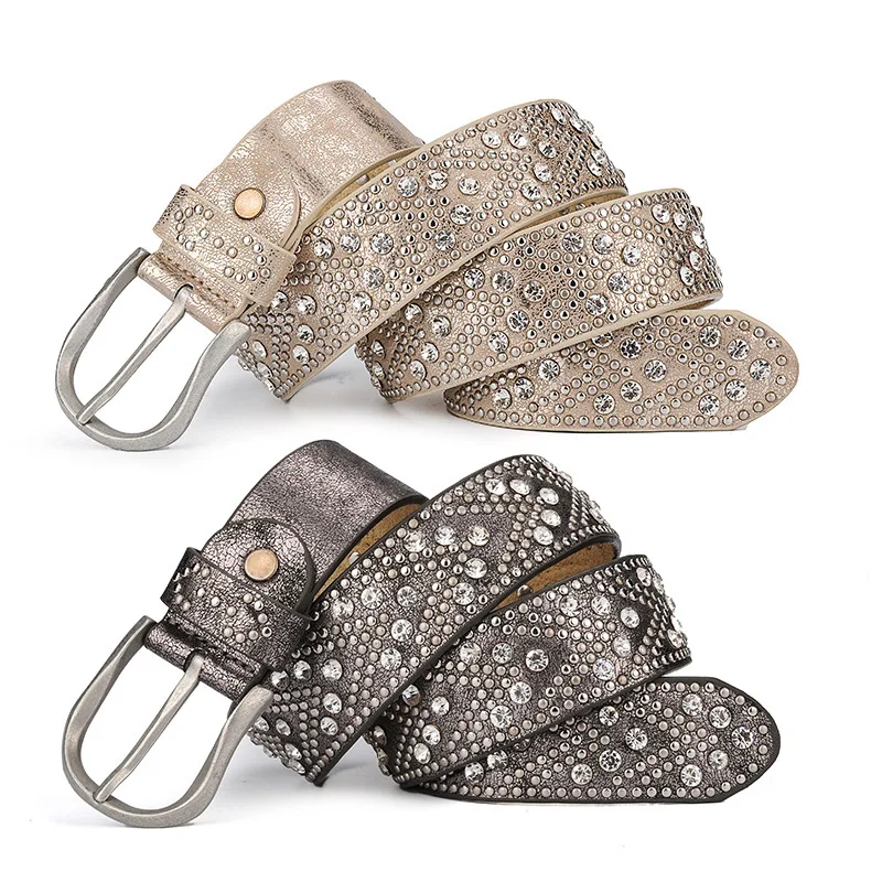 

Woman Layer Cow Skin Strap Width 3.6cm Fashion Rhinestone Leather Belts for Women Luxury Pin Buckle Belt