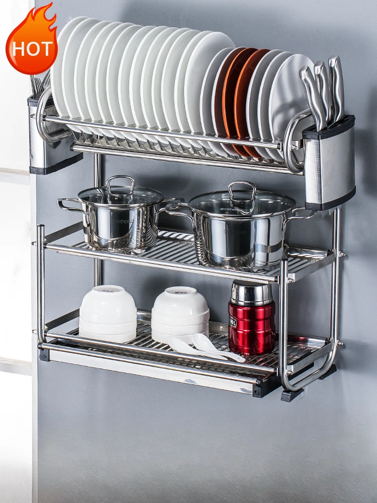 

304 Stainless Steel Bowl and Dish Rack for Kitchen Storage Chopsticks Plates Knives Drainage Wall Mounted Storage Box