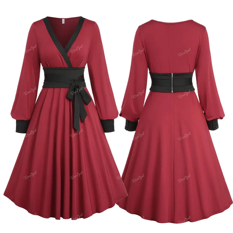 

ROSEGAL Plus Size Chinese Style Surplice Ruffles Bishop Sleeve Dress With Bowknot Tie Belt Deep Red V-Neck Dresses Vestidos 5XL
