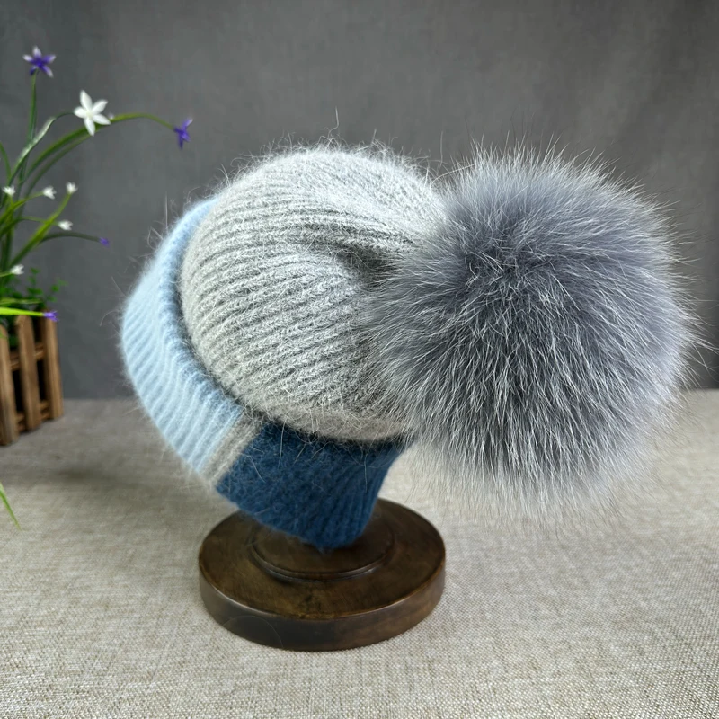 

2024 New Rabbit Fur Beanies Soft Warm Fluffy fur pompom Winter Hat for Women Angora Knitted Hat Skullies Female Bonnet Knit Cap