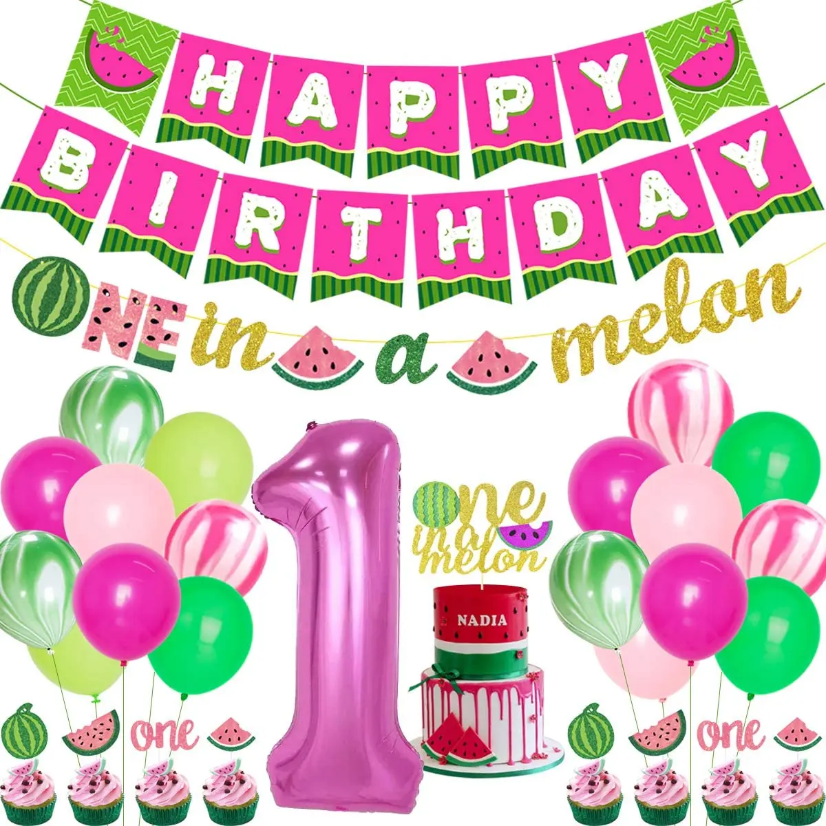 

One In A Melon Watermelon 1st Birthday Decorations for Girl Watermelon Balloons Happy Birthday Banner One In A Melon Cake Topper