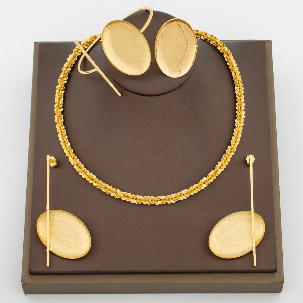 Dubai Gold Plated Jewelry Set for Weddings Drop Earrings and Chain Necklace African Cuff Bangle Ring Set for Engagement Gifts
Dubai Gold Plated Jewelry Set for Weddings Drop Earrings and Chain Necklace African Cuff Bangle Ring Set for Engagement Gifts