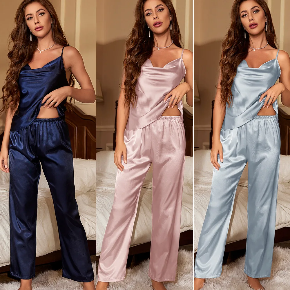 

Two Piece Summer Suspender Pajamas Sexy Strap Top&Trousers Pijamas Set Nightsuits Women Silky Satin Sleepwear Home Clothes