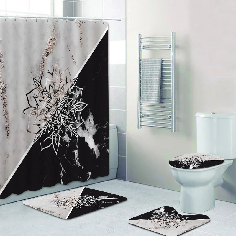 

Modern Black White Mondala Agate on Marble Glitter Glam Bathroom Shower Curtain Set Tolet Rug Mat Ethnic Gold Sparkle Home Decor