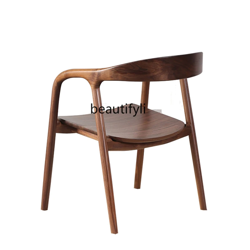 

Solid Wood Simplicity Black Walnut Restaurant Dining Chair Light Luxury Study round-Backed Armchair with Armrest Armchair