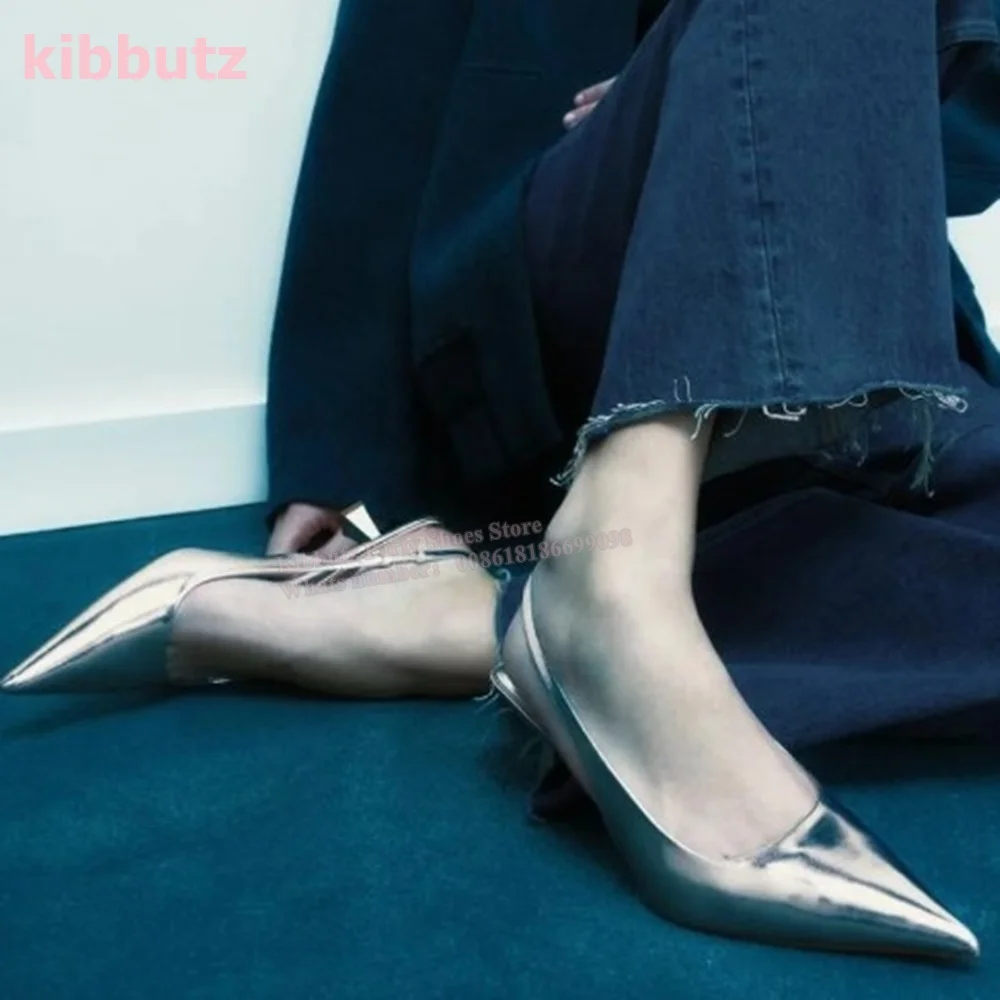 

Pointed Toe Single Pumps Patent Leather Solid Sliver Slip-On Kitten Heel One Word Belt Fashion Sexy Elegant Women Shoes Newest