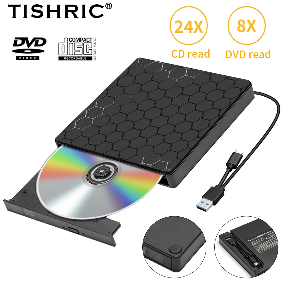 

TISHRIC External CD DVD RW Optical Drive USB 3.0 Type C Reader Player DVD Can't Writer Super Drive For Laptop Desktop PC