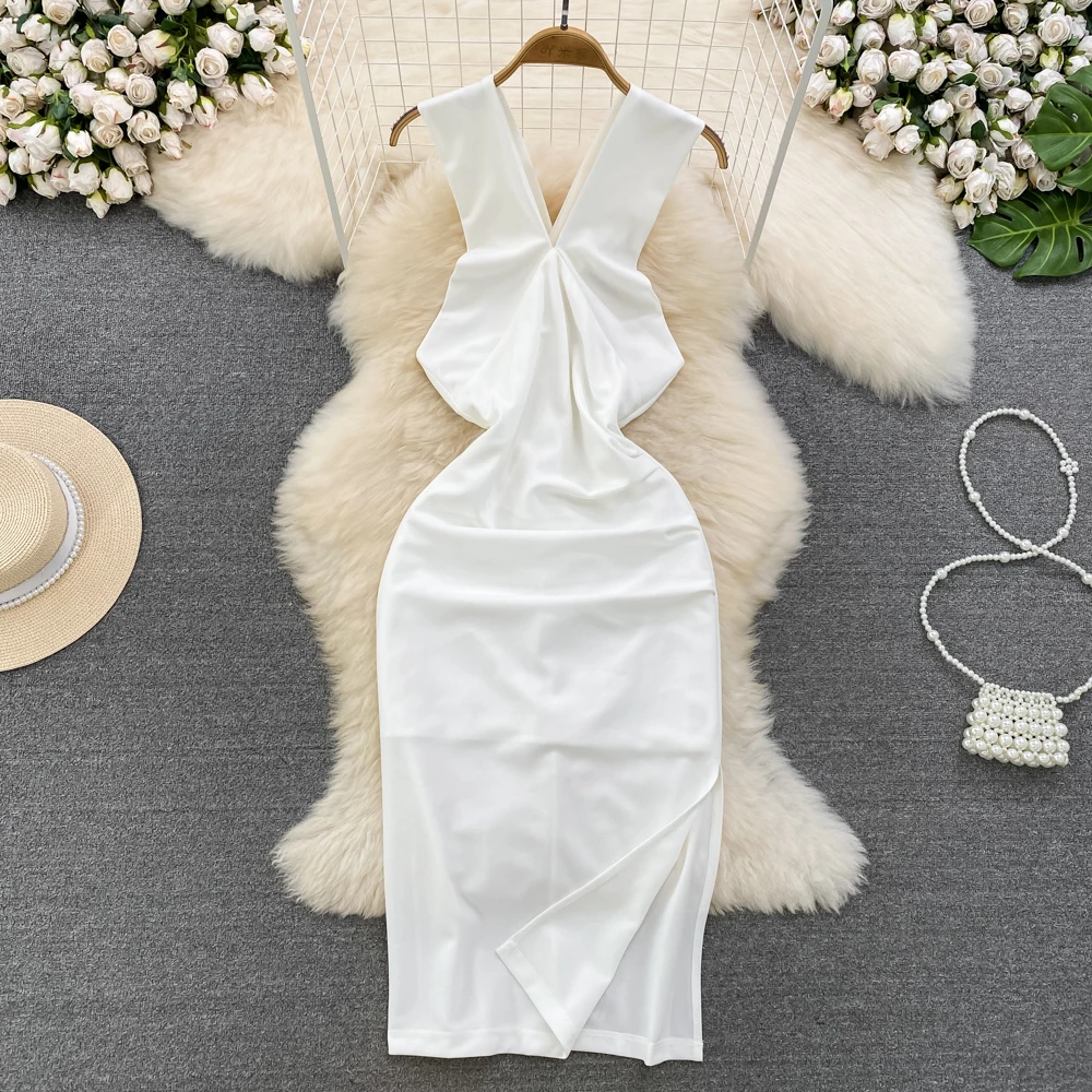 

Summer French Hepburn Style Celebrity V-neck Waist-slimming Backless Sleeveless Mid-length A-line Split Dress