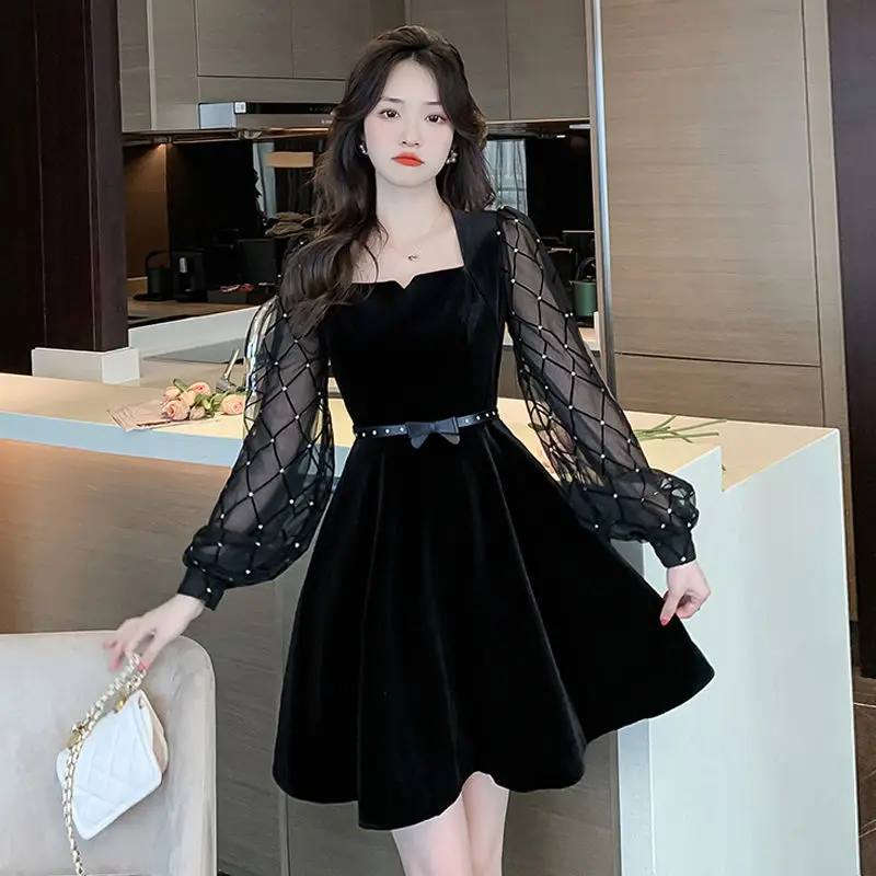 

Elegant Spliced Sashes Gauze Sequined Lantern Sleeve Mini Dress Women Clothing 2024 Spring New Loose Office Lady Ladies Dresses